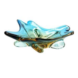 Mid-Century Murano Style Blue Amber Sommerso Art Glass Bowl Ashtray Centerpiece